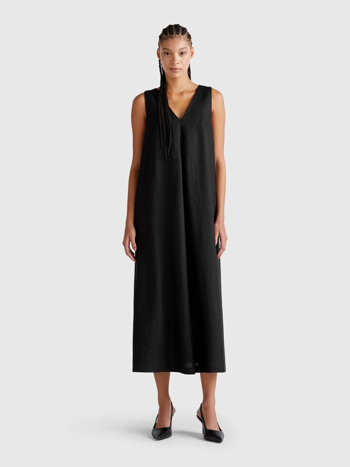 benetton Sleeveless dress in pure linen Black