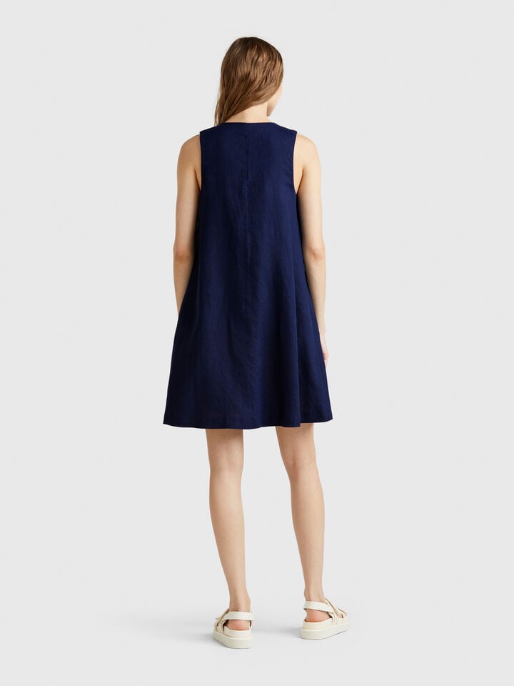 Benetton Sleeveless Dress In Pure Linen Dark Blue