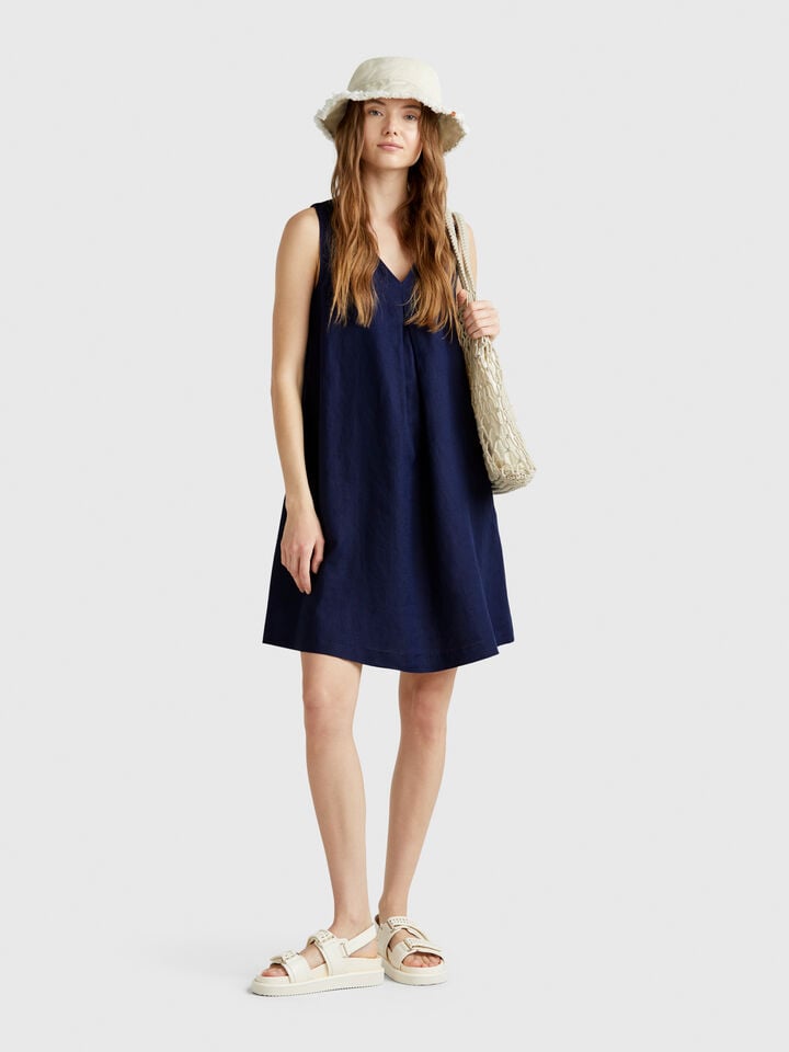 Benetton Sleeveless Dress In Pure Linen Dark Blue