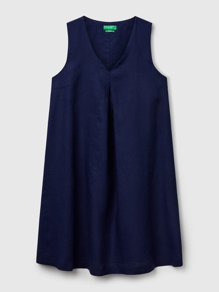 Benetton Sleeveless Dress In Pure Linen Dark Blue