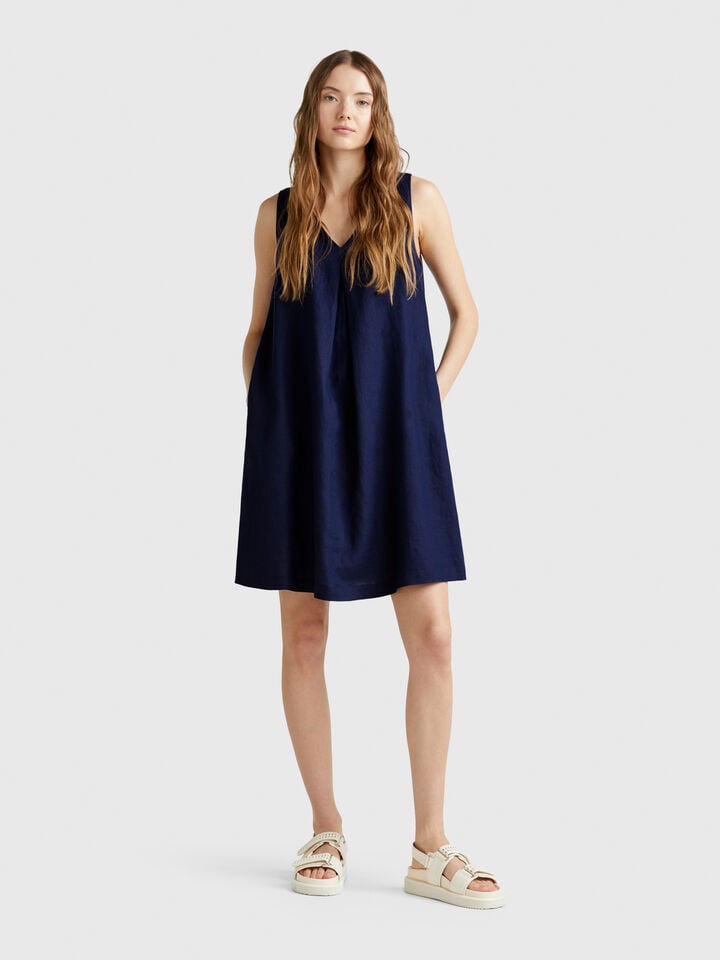 benetton Sleeveless dress in pure linen Dark Blue