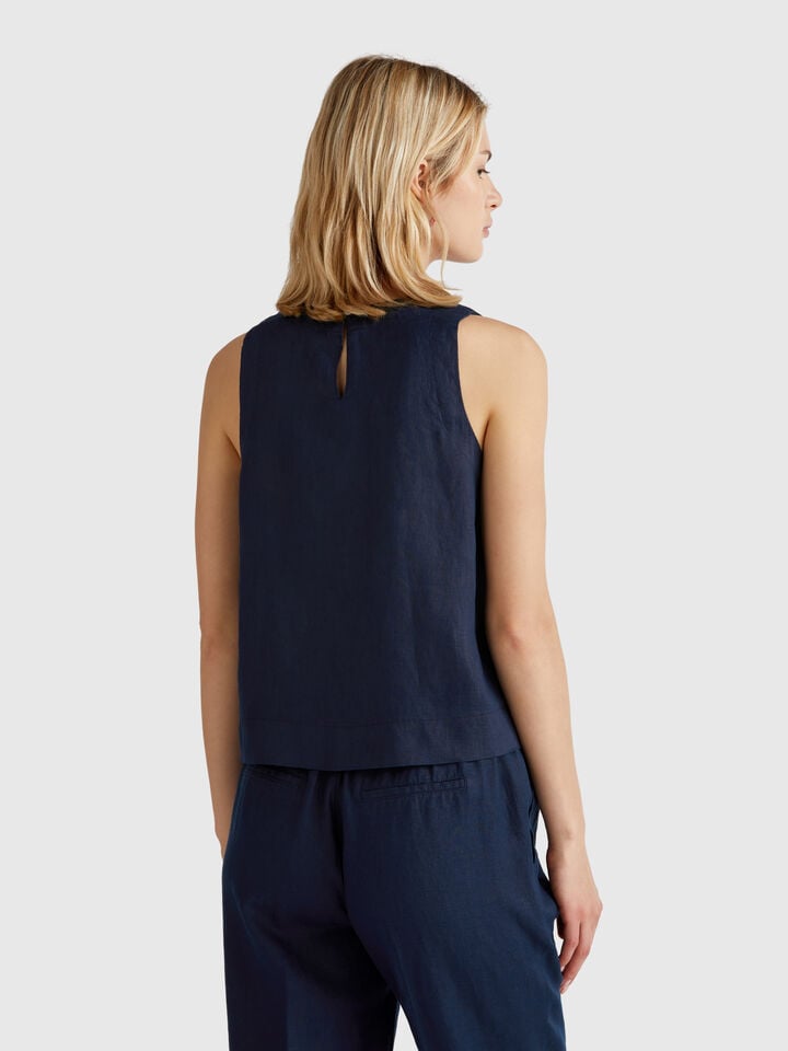 Benetton Sleeveless Top In Pure Linen Dark Blue