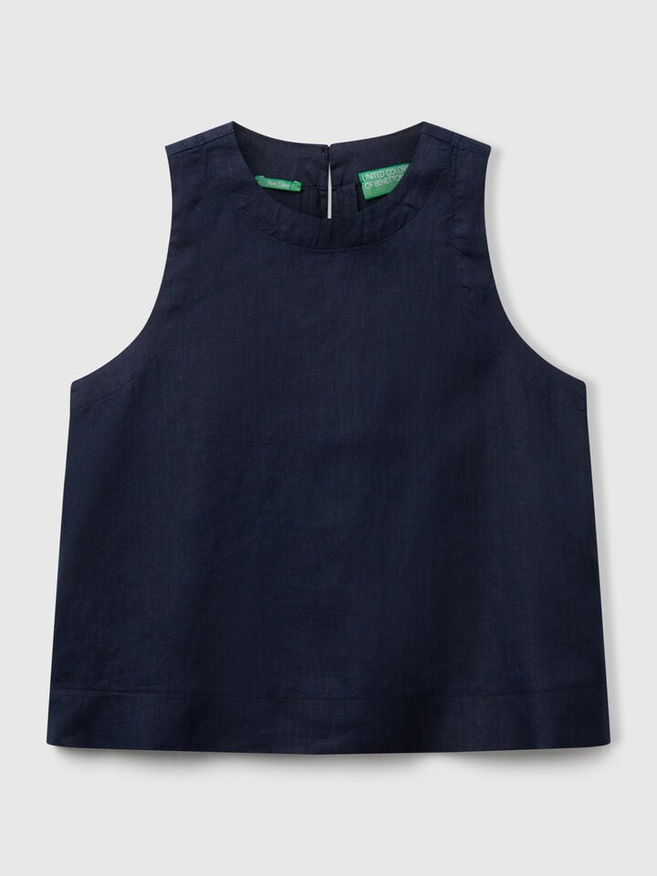 Benetton Sleeveless Top In Pure Linen Dark Blue