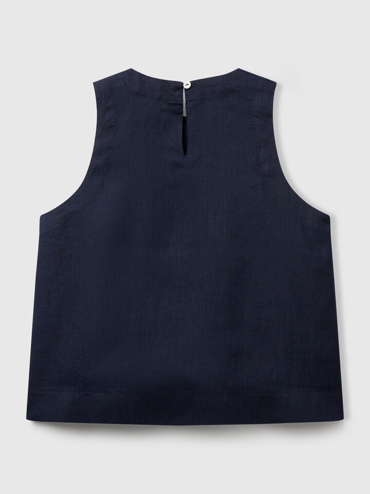 Benetton Sleeveless Top In Pure Linen Dark Blue