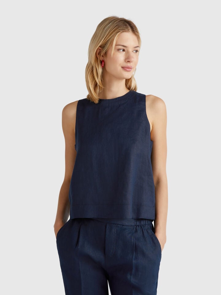 benetton Sleeveless top in pure linen Dark Blue