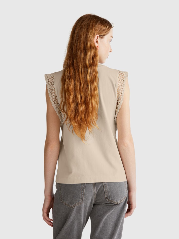 Benetton Sleeveless Top With Macramè Beige