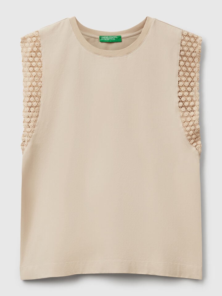 Benetton Sleeveless Top With Macramè Beige
