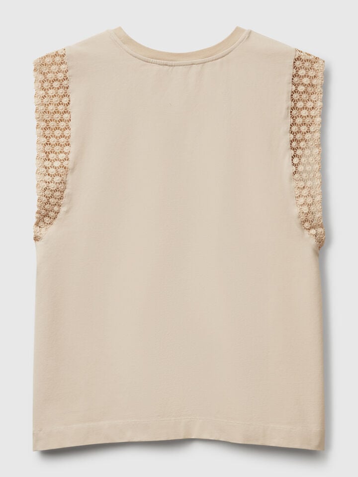 Benetton Sleeveless Top With Macramè Beige