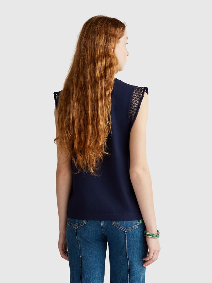 Benetton Sleeveless Top With Macramè Dark Blue
