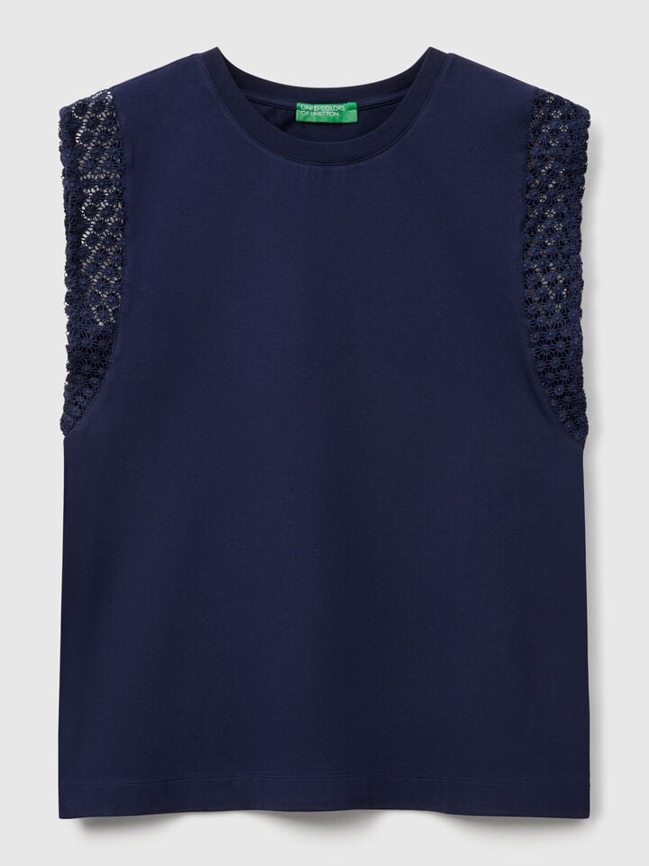 Benetton Sleeveless Top With Macramè Dark Blue