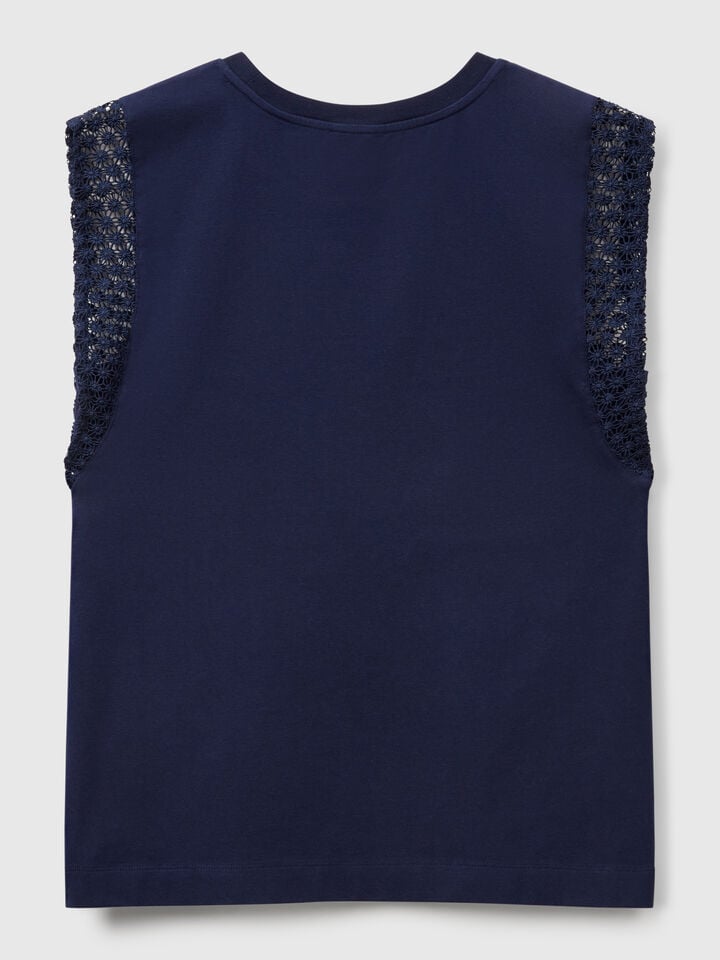 Benetton Sleeveless Top With Macramè Dark Blue