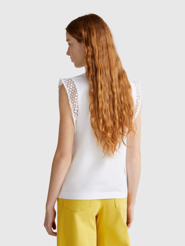 Benetton Sleeveless Top With Macramè White