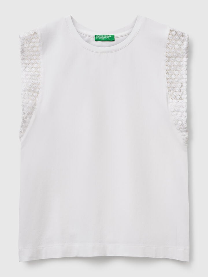 Benetton Sleeveless Top With Macramè White