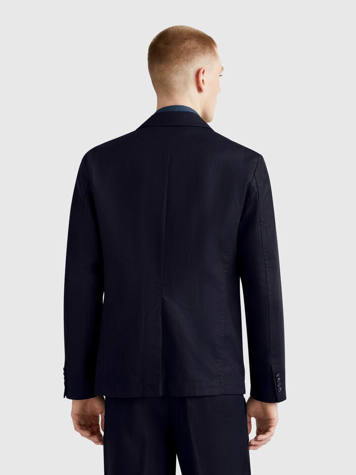 Benetton Slim Fit Blazer In Linen Blend Dark Blue