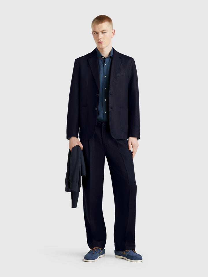 Benetton Slim Fit Blazer In Linen Blend Dark Blue