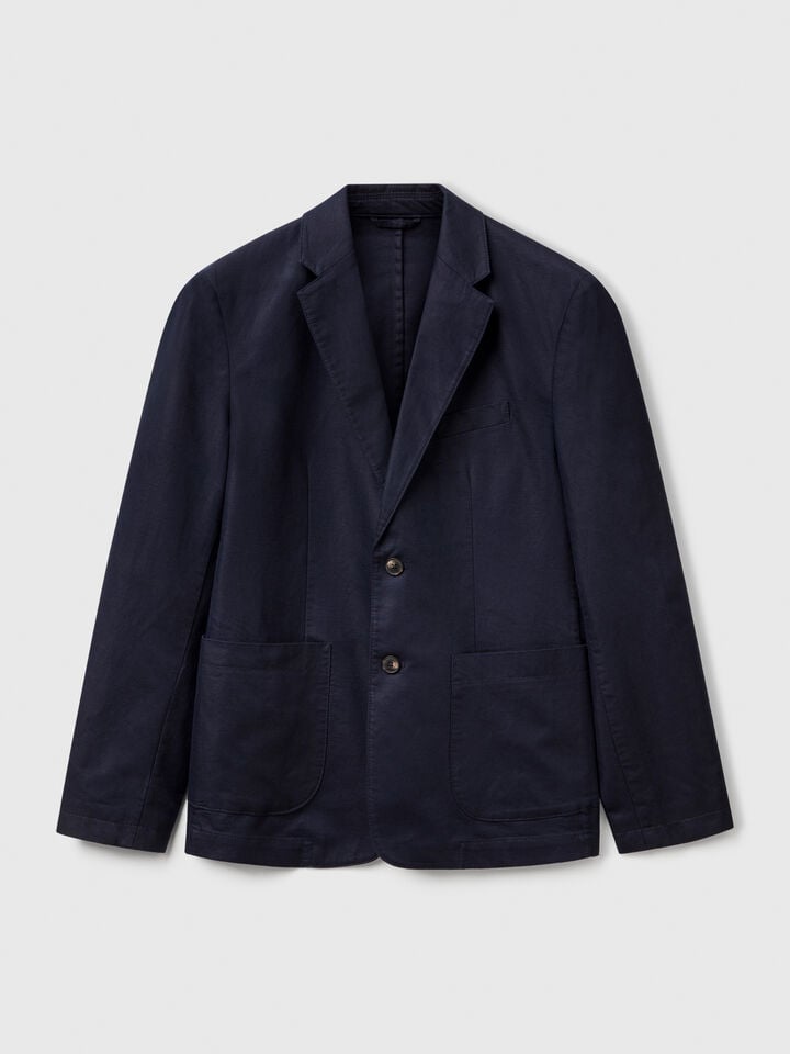 Benetton Slim Fit Blazer In Linen Blend Dark Blue