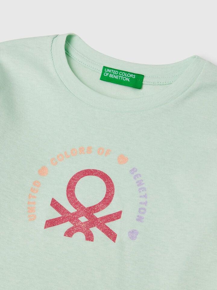 Benetton Slim Fit T-shirt With Glittery Print Aqua