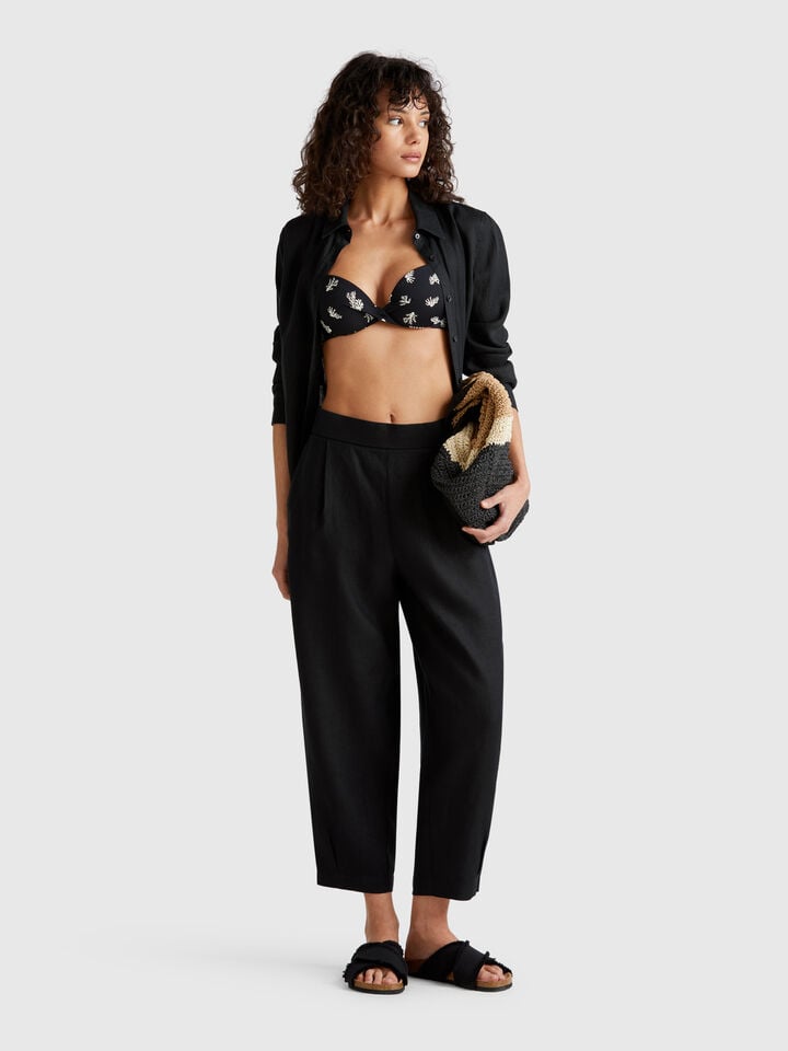 Benetton Soft Trousers In Pure Linen Black