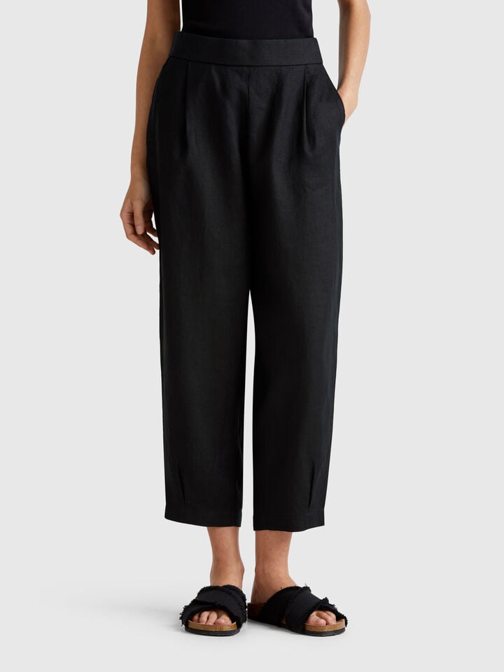 benetton Soft trousers in pure linen Black