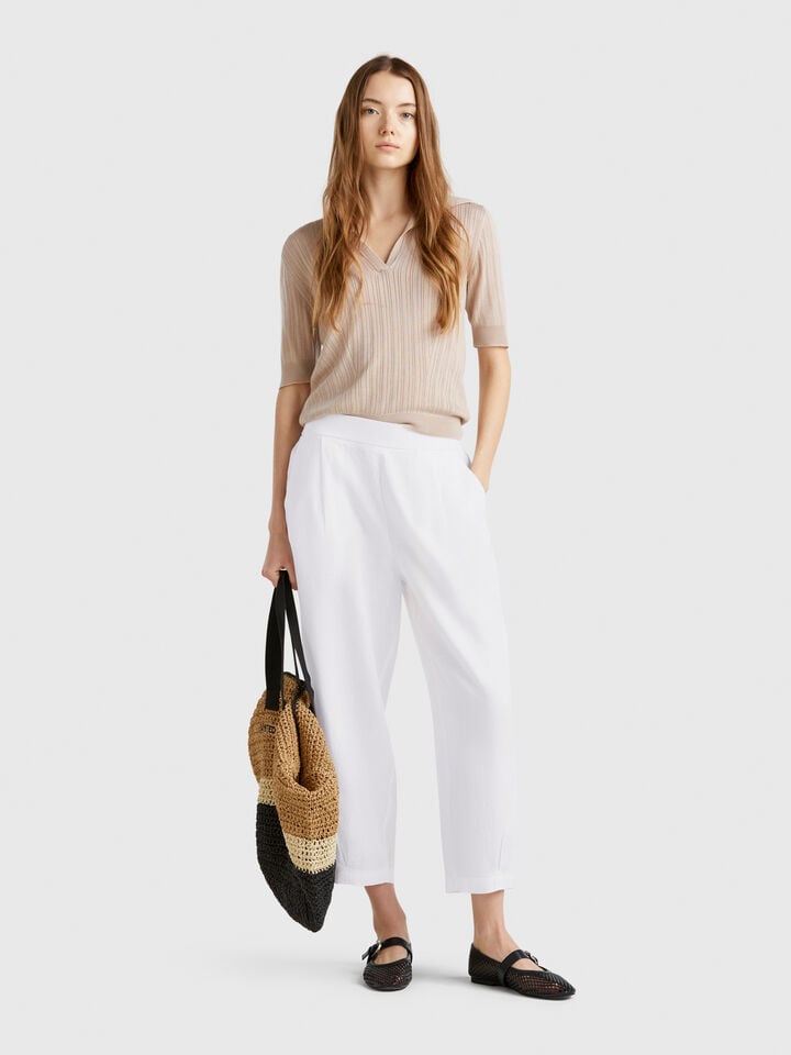 Benetton Soft Trousers In Pure Linen White