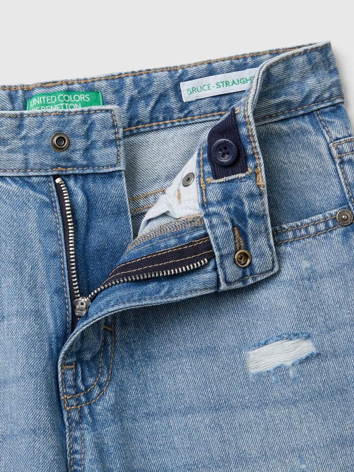 Benetton Straight Leg Jeans With Tears Light Blue