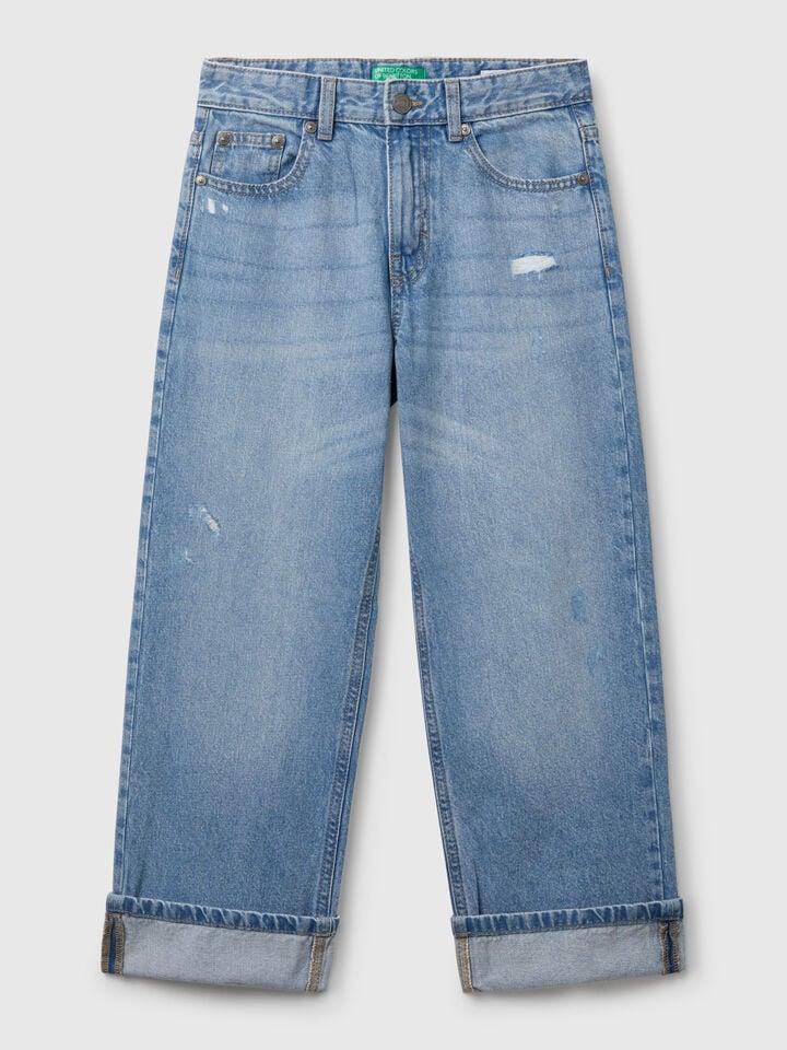 Benetton Straight Leg Jeans With Tears Light Blue