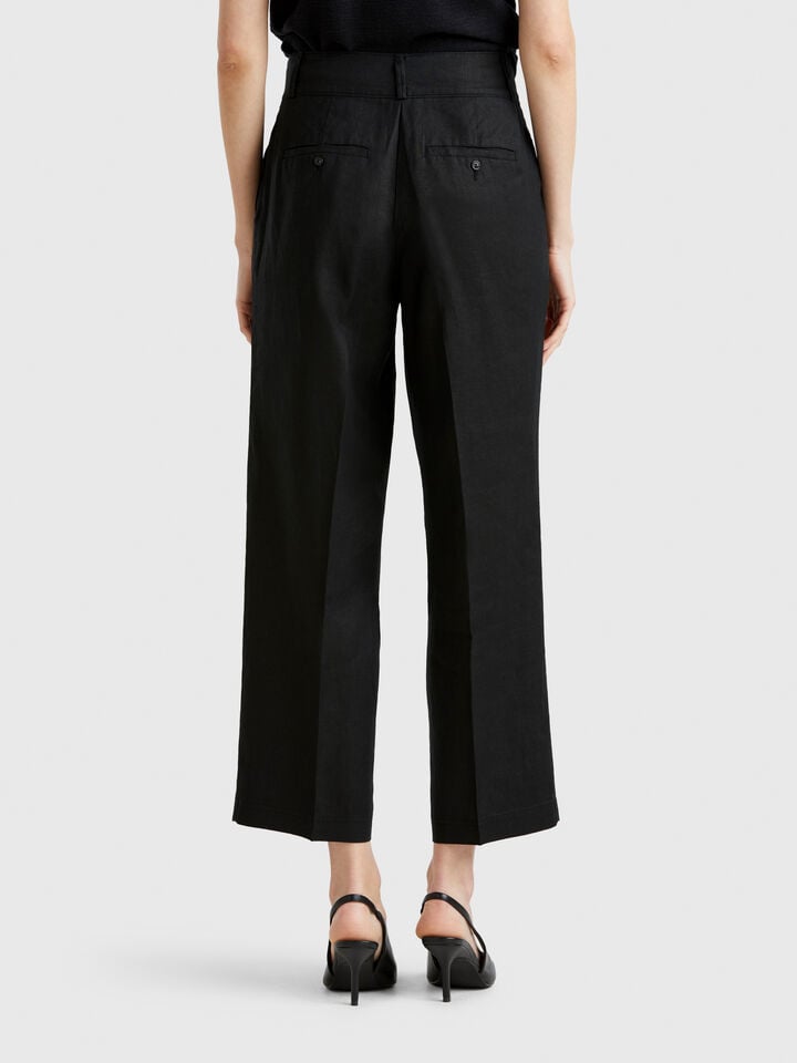 Benetton Straight Trousers In Pure Linen Black