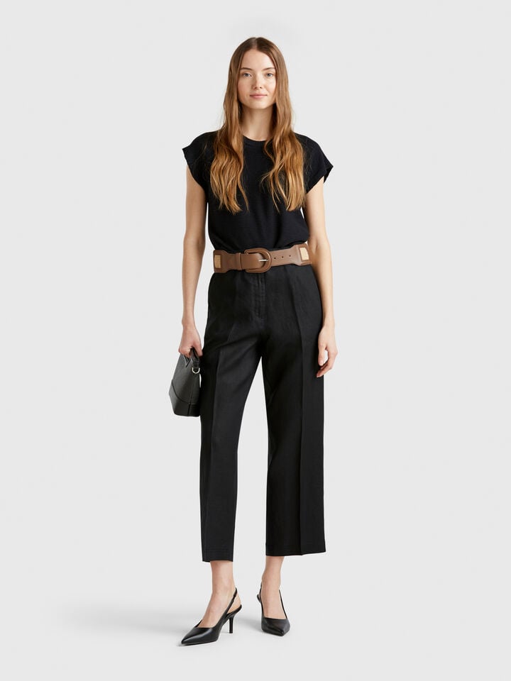 Benetton Straight Trousers In Pure Linen Black