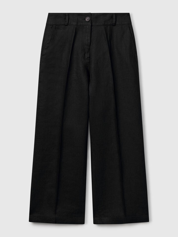 Benetton Straight Trousers In Pure Linen Black