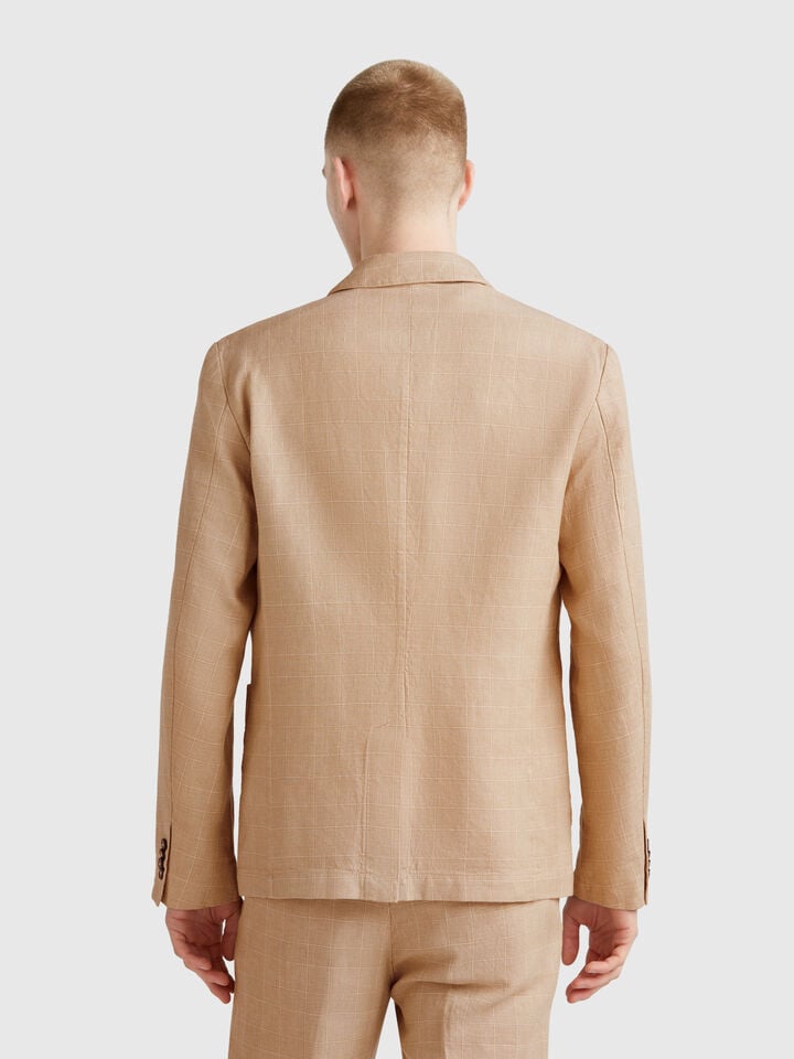 Benetton Striped Blazer In Linen Blend Beige