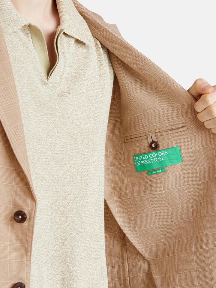 Benetton Striped Blazer In Linen Blend Beige