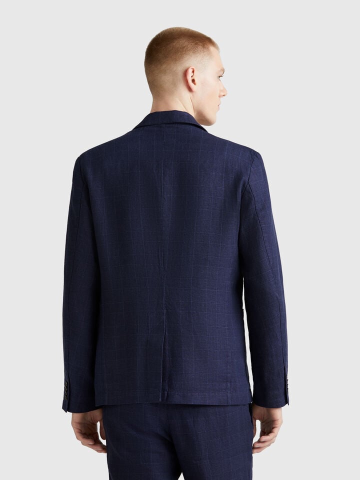 Benetton Striped Blazer In Linen Blend Dark Blue