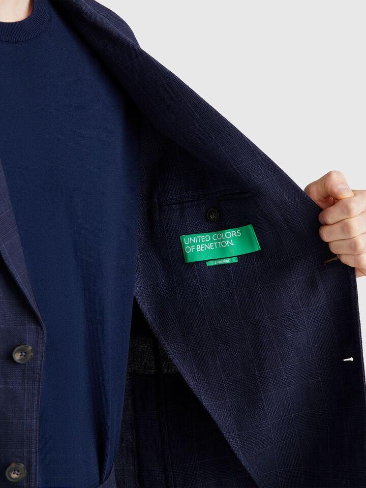 Benetton Striped Blazer In Linen Blend Dark Blue