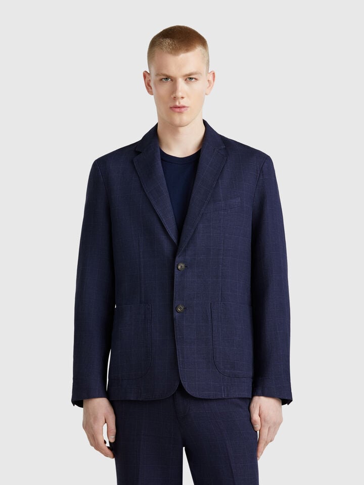 benetton Striped blazer in linen blend Dark Blue