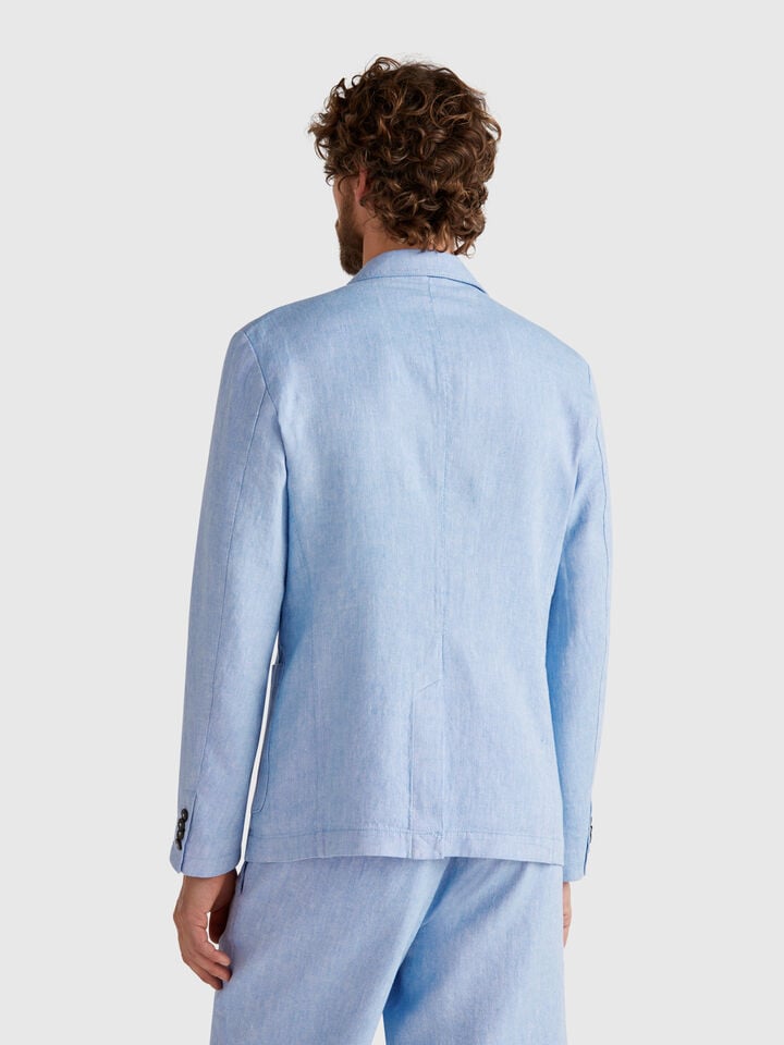 Benetton Striped Blazer In Linen Blend Light Blue