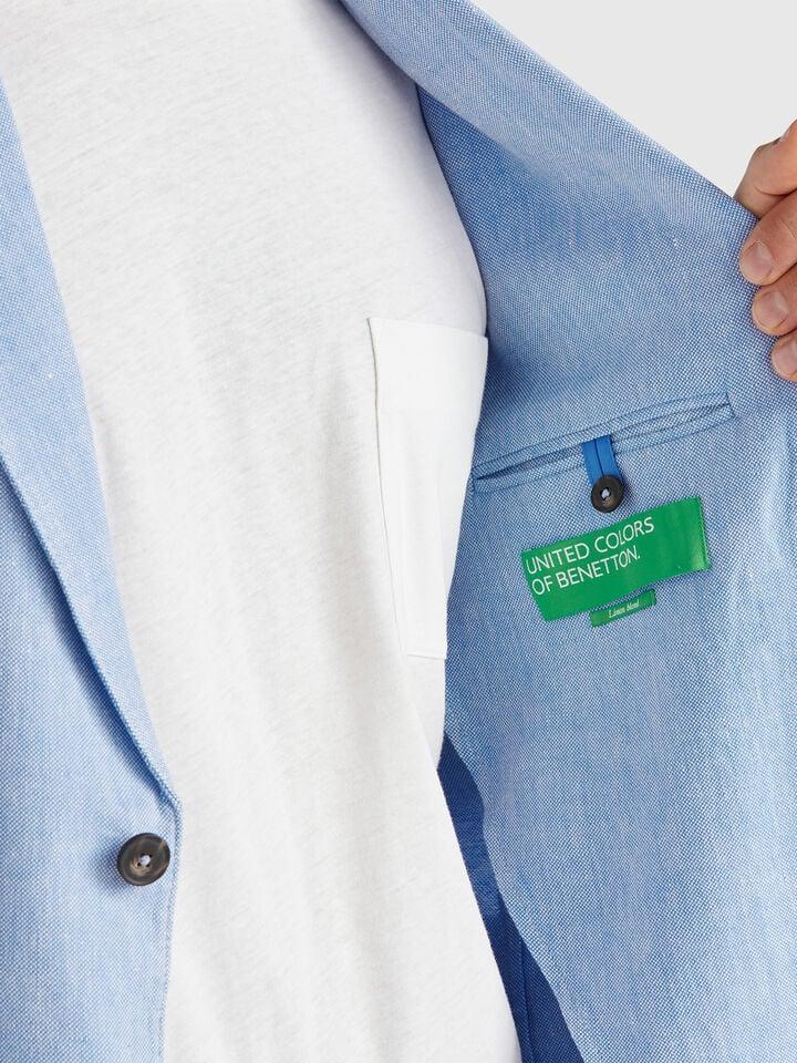Benetton Striped Blazer In Linen Blend Light Blue
