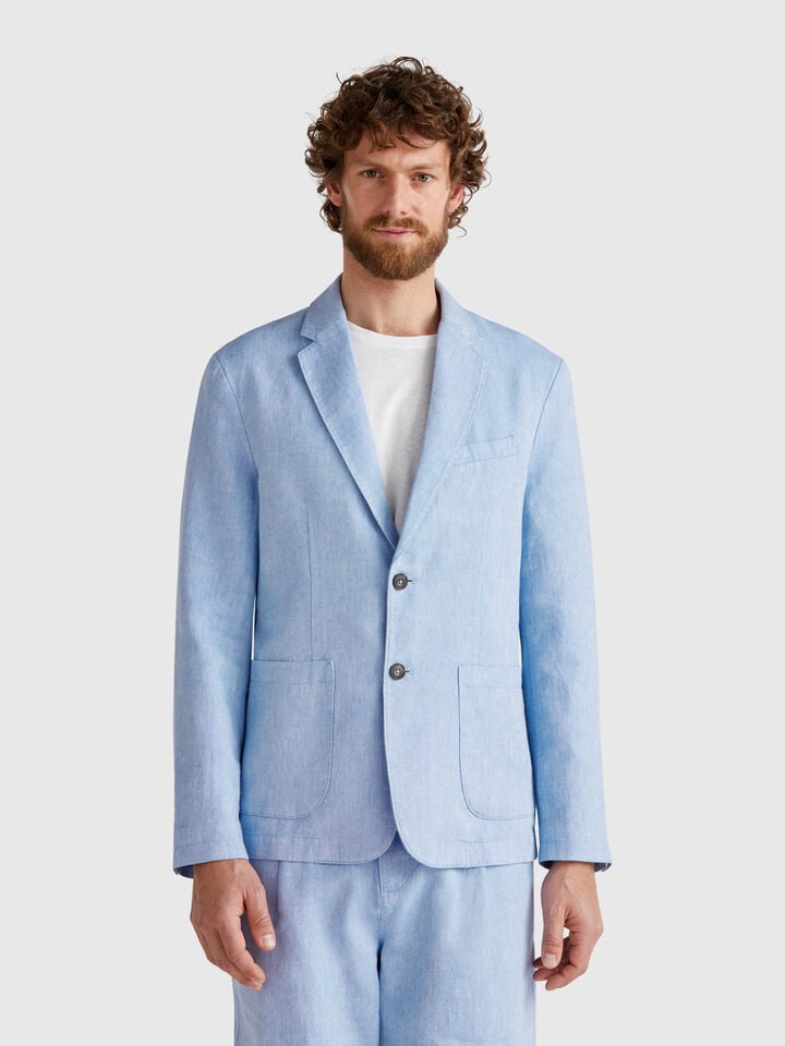 benetton Striped blazer in linen blend Light Blue