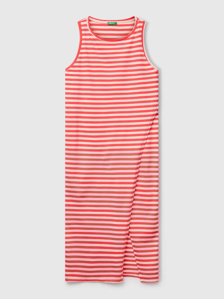 Benetton Striped Dress With Slit Red