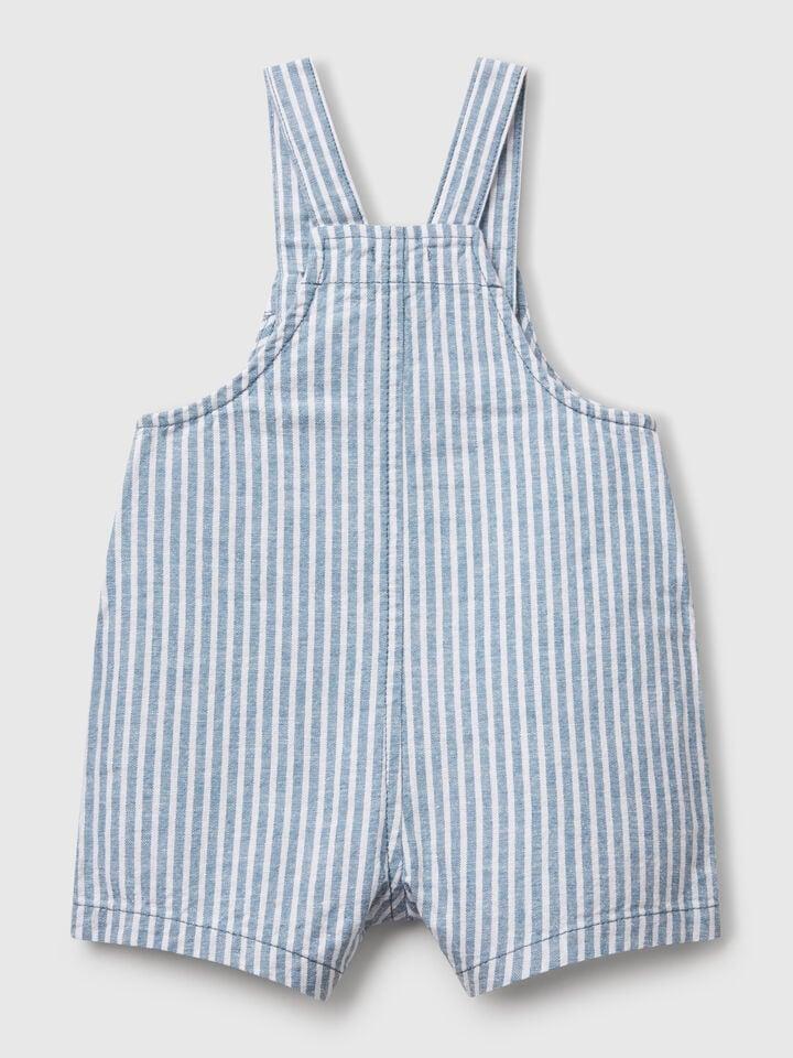 Benetton Striped Dungarees In Linen Blend Blue