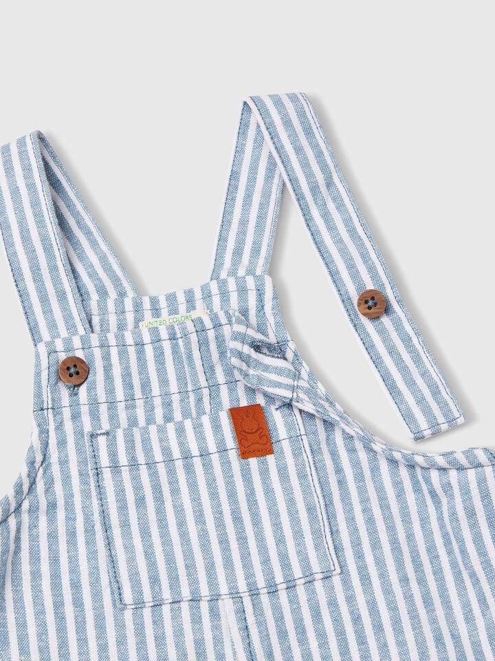 Benetton Striped Dungarees In Linen Blend Blue