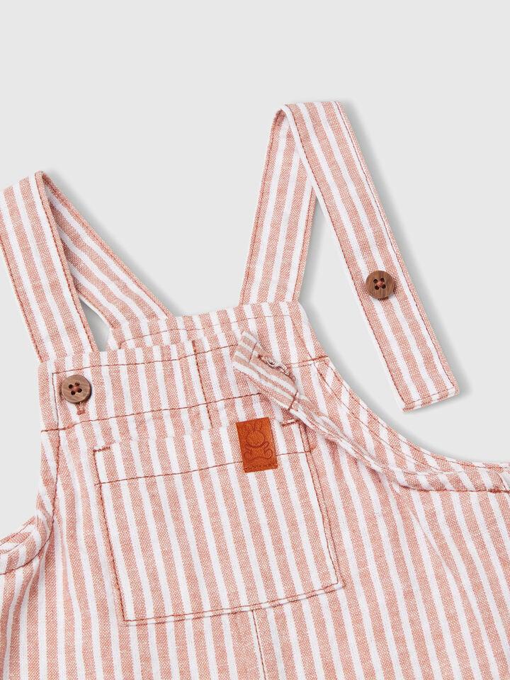 Benetton Striped Dungarees In Linen Blend Red