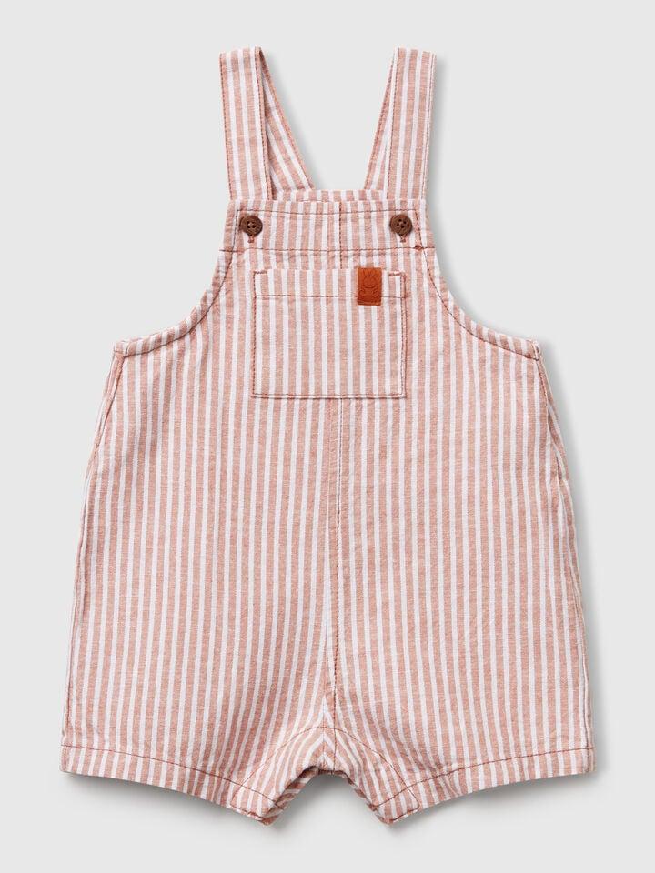 Benetton Striped Dungarees In Linen Blend Red