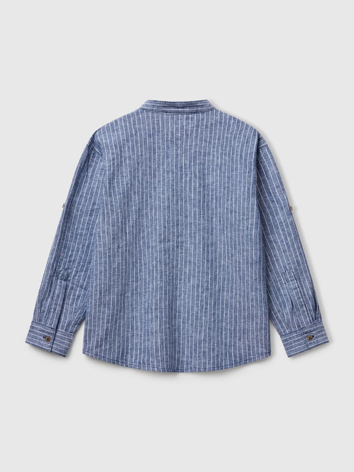 Benetton Striped Mandarin Collar Shirt Blue