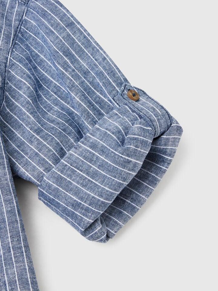 Benetton Striped Mandarin Collar Shirt Blue