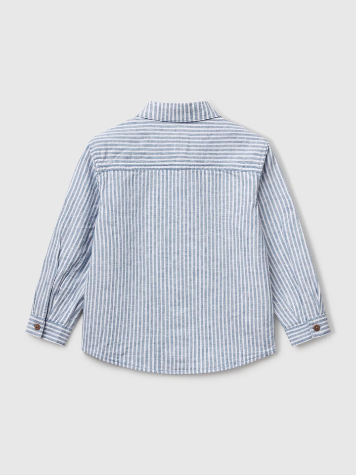 Benetton Striped Shirt In Linen Blend Blue