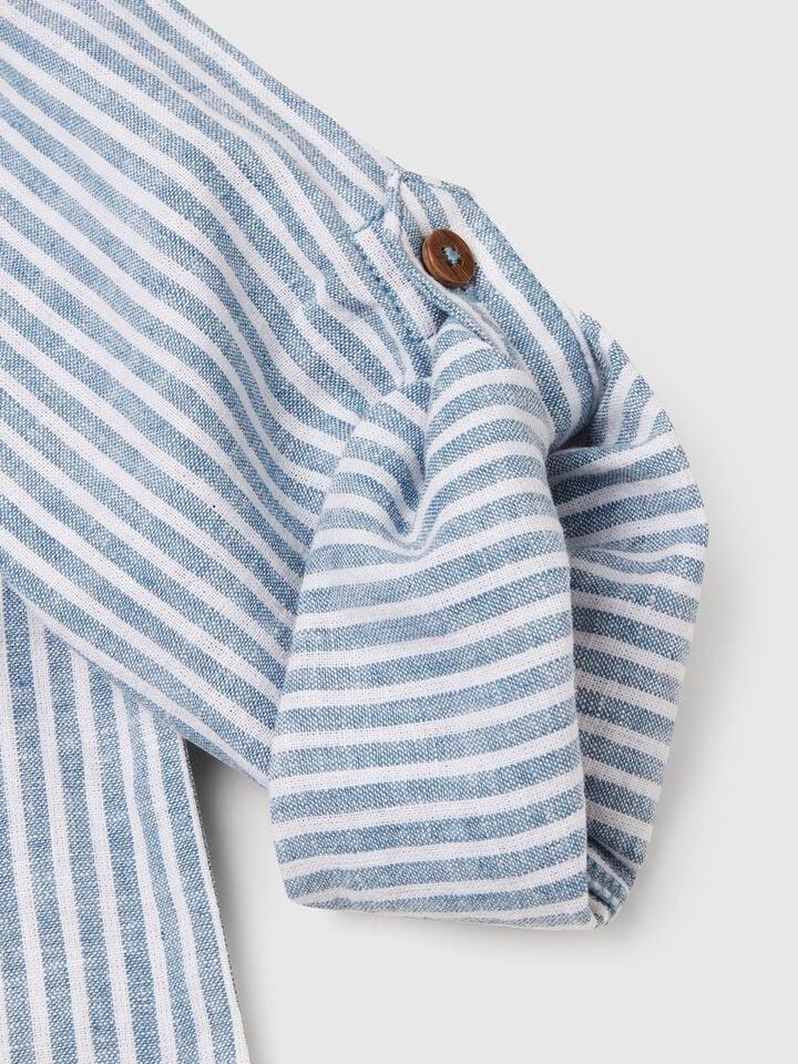 Benetton Striped Shirt In Linen Blend Blue