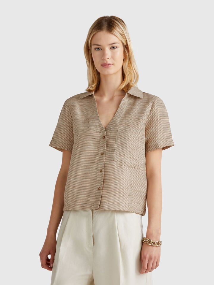 benetton Striped shirt made from linen blend Brown