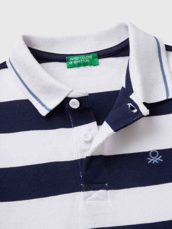 Benetton Striped Short Sleeve Polo Shirt Blue