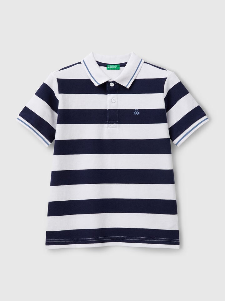 Benetton Striped Short Sleeve Polo Shirt Blue