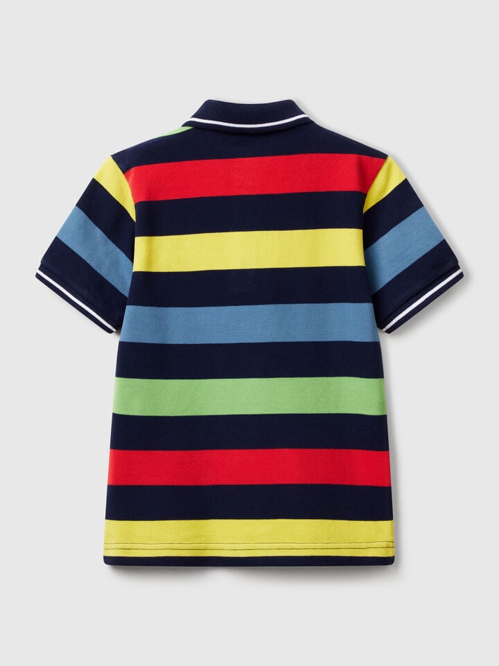 Benetton Striped Short Sleeve Polo Shirt Dark Blue